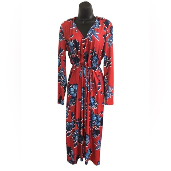 Zara red & blue floral v-neck button front belted‎ midi dress size small new - Picture 3 of 16